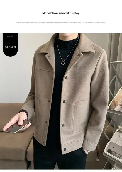 Men's Lightweight Laceup Woolen Jacket Autumn Winter Korean Trendy Cropped Slims Smooths Your Silhouette Versatile Overcoat