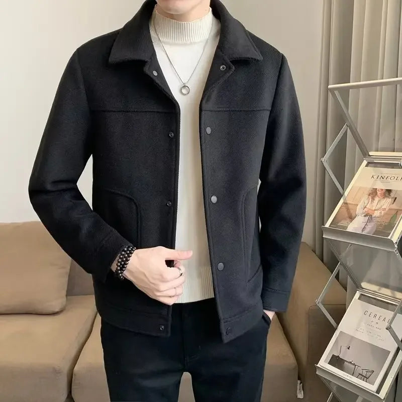 Men's Lightweight Laceup Woolen Jacket Autumn Winter Korean Trendy Cropped Slims Smooths Your Silhouette Versatile Overcoat