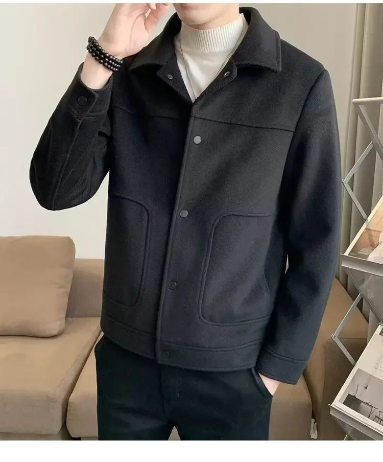 Men's Lightweight Laceup Woolen Jacket Autumn Winter Korean Trendy Cropped Slims Smooths Your Silhouette Versatile Overcoat