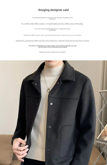 Men's Lightweight Laceup Woolen Jacket Autumn Winter Korean Trendy Cropped Slims Smooths Your Silhouette Versatile Overcoat