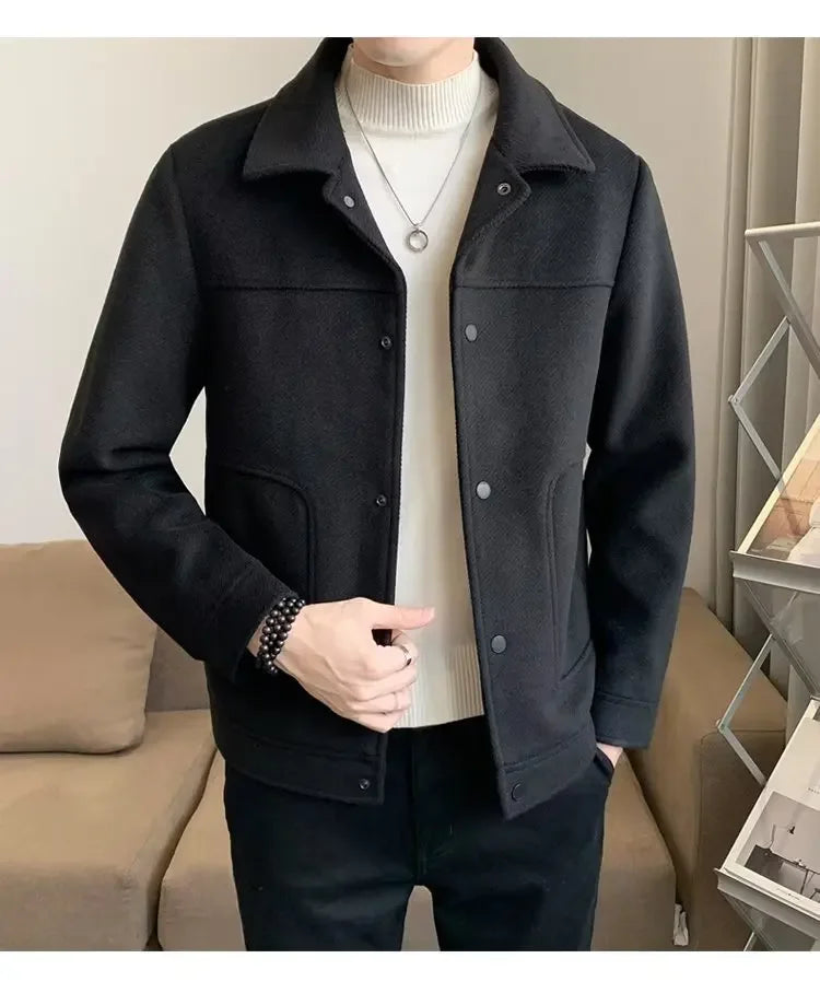 Men's Lightweight Laceup Woolen Jacket Autumn Winter Korean Trendy Cropped Slims Smooths Your Silhouette Versatile Overcoat