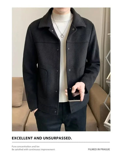 Men's Lightweight Laceup Woolen Jacket Autumn Winter Korean Trendy Cropped Slims Smooths Your Silhouette Versatile Overcoat