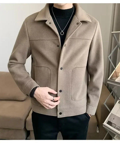 Men's Lightweight Laceup Woolen Jacket Autumn Winter Korean Trendy Cropped Slims Smooths Your Silhouette Versatile Overcoat