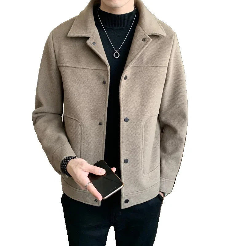 Men's Lightweight Laceup Woolen Jacket Autumn Winter Korean Trendy Cropped Slims Smooths Your Silhouette Versatile Overcoat