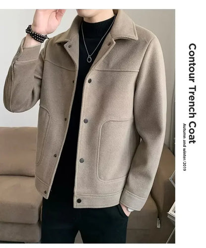 Men's Lightweight Laceup Woolen Jacket Autumn Winter Korean Trendy Cropped Slims Smooths Your Silhouette Versatile Overcoat