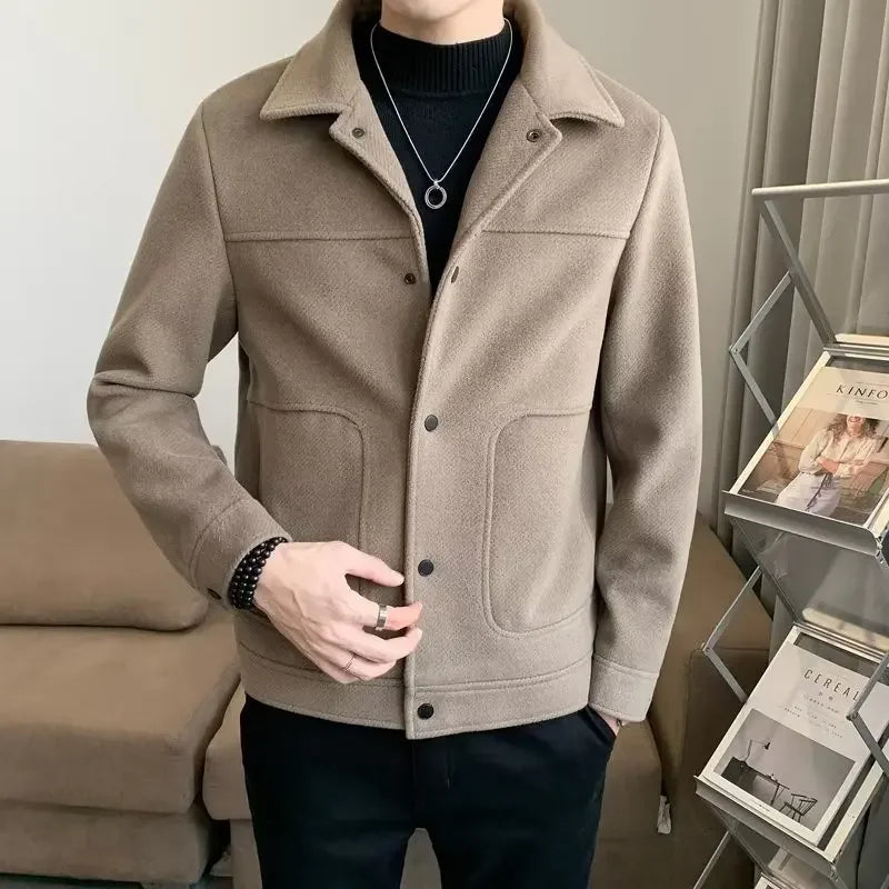 Men's Lightweight Laceup Woolen Jacket Autumn Winter Korean Trendy Cropped Slims Smooths Your Silhouette Versatile Overcoat